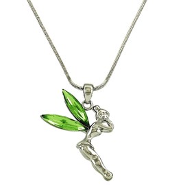 DianaL Boutique Silvertone Fairy Tinkerbell Pendant Necklace Green Crystal Wings