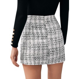 SweatyRocks Women's Elegant High Waist A-line Plaid Tweed Mini Skirt Black and White XL