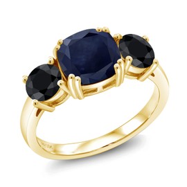 Gem Stone King 18K Platinum Plated Silver Blue Sapphire and Black Sapphire 3 Stone Engagement Ring For Women (4.20 Cttw, Gemstone September Birthstone, Cushion 8MM, Size 6)