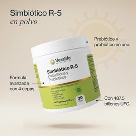 Simbiótico-R5: Probióticos y Prebióticos Avanzados | Con Inulina de Agave, Lactobacillus y Bifidobacteria | Apoyo Digestivo y Flora Intestinal | 300g 