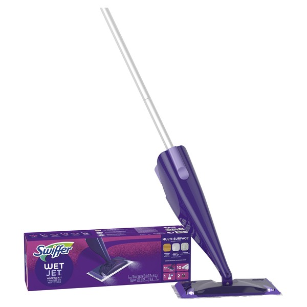 Swiffer WetJet Hardwood and Floor Spray Mop Cleaner Starter Kit, Includes: 1 Power Mop, 10 Pads, Cleaning Solution, Batteries, 16 Piece Set, Purple