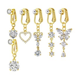 XFSRG Pack of 6 Fake Belly Button Piercings, Clip-On Belly Button Rings, Copper, Hypoallergenic, Fake Belly Button Piercing, Hanging Heart Butterfly for Women, Copper