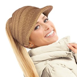 Ladies Slouchy Peaked Ponytail Messy Bun Knitted Beanie Hat Cap-Camel