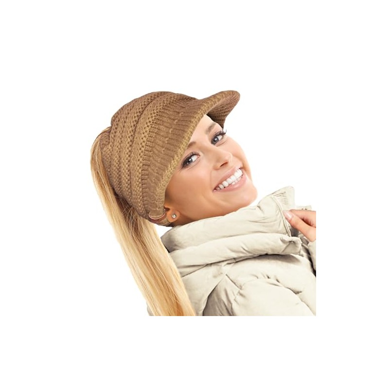 Ladies Slouchy Peaked Ponytail Messy Bun Knitted Beanie Hat Cap-Camel