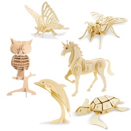 Georgie Porgy 3D Wooden Puzzles DIY Models Kits for Children Dinosaur Plane Wooden Craft Construction Toy 6 Pieces (Bee Butterfly Unicorn Owl Turtle Dolphin)