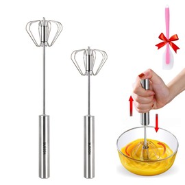 Easy Small Metal Stainless Steel Hand Semi-automatic Press and Rotate Household Egg Beater Whisk Blender Mixer for Egg Milk Dough (2pack)