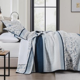 DUOHONG 100% Cotton Quilt Set King Size, King Quilt, Patchwork Striped Botanical Quilted Bedspread Lightweight Comforter for King Bed, 3pcs, Yellow