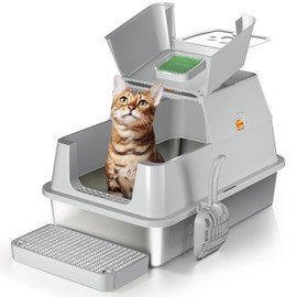 Eosarcu Stainless Steel Cat Litter Box with Lid, 180° Flip-Top XL Extra Large Enclosed Litter Box, Covered Metal High Sided Litter Pan with Steps & Scoop, Easy Cleaning, Odor Control, Non-Sticky-Grey