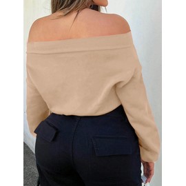 Hilinker Women's Off Shoulder Graphic Crop Sweatshirt Long Sleeve Pullover Tops Brown HOUSTON Large