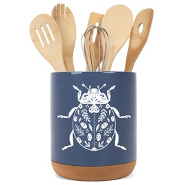 Elanze Designs 8 inch Floral Beetle Ceramic Kitchen Utensil Holder Navy Blue and White Crock with Cork Base Large Cooking Utensil Organizer for Countertop