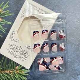 Independence Day False Nails Square Press on Nails Medium Glitter Powder Stripe Stars Design French False Nails Artificial Acrylic Nails Full Cover Glossy Coffin Nails Glue on Nails for Women July 4