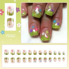 Green Glitter Press on Nails Short Square False Nails Spring Summer Flower Design Acrylic Nails Nude Green Sparkly Gradient French Tips Colorful Floral Full Cover Glossy Stick on Nails for Women 24Pcs