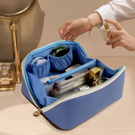 Prite Prite Travel Cosmetic Bag Makeup Organizer Bag For Women Large Capacity Waterproof PU Leather Toiletry Bag with Handle and Clear Divider(Blue)