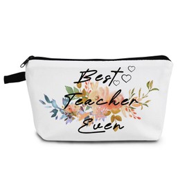 YULUENZE Teacher Makeup Bag Best Teacher Ever Small Organizer Toiletry Pouch with Zipper Floral Teacher Cosmetic Bag Graduation Teacher's Day Present for Teachers Professors Tutors Instructors Women