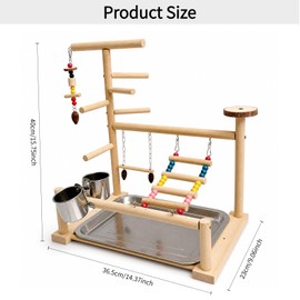 Bird Playground Natural Wood Parrot Stand with Ladder Swing Food Water Bowls Cockatiel Budgie Play Center