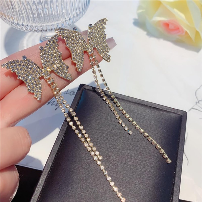 Rhinestone Butterfly Earrings for Women Butterfly Long Tassel Drop Earrings