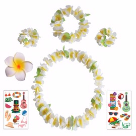 Pack of 7 Hawaii Costume Women's Accessories, Hawaii Flower Chain Decoration with Necklace, Headband, Bracelet, Hair Clips and Tattoo Stickers, Hawaii Beach Parties, Wedding Parties, Birthday