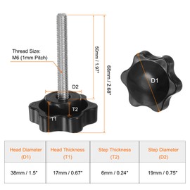 QUARKZMAN Pack of 8 Thumb Screws with Star Handle M6 x 50 mm x 38 mm Star Grip Screw Plastic Knob Stainless Steel 304 Threaded Bolts Clamping Screw Star Grip Nut Clamping Knob for Machine