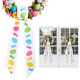 RunNico 2 Pack Easter Wreath Sash for Front Door, 53" L x 3.4" W Bunny Egg Pattern Wreath Sash, Satin Wreath Sashes Accessories for DIY Easter Party Wall Doorway Porch Decoration