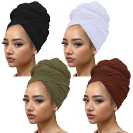 kachanaa 4 Pcs Solid Color Stretch Knit Head Wrap Extra Long African Head Scarf Breathable Turbans for Women/Black, White, Army Green, Coffee