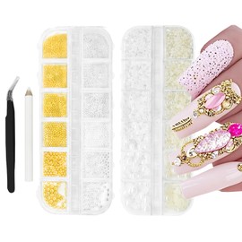 2 Boxes of 3D Nail Art Metal Silver and Mini Caviar Beads, semi-Circular Beige Flat Back Pearls, DIY Decorative Accessory Set with Tweezers