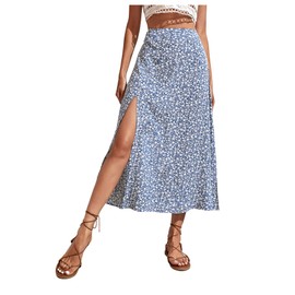 GORGLITTER Women's Boho Floral a line Flared Skirt High Waisted Split Thigh Flowy Midi Skirts Blue and White Medium