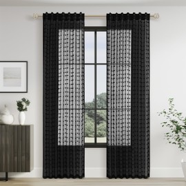 Jowels Black Sheer Curtains 84 Inches Long for Living Room Bedroom Boho Pom Pom Curtains 2 Panels Set, Back Tab Rod Pocke Curtain Easy to Install Semi Sheer Modern Aesthetic Drape,52x84