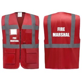 Brook Hi Vis UK Fire Marshal Premium Red Zipped Hi Vis Vest - High Visibility Safety Waistcoat with Reflective Bands, Company Compliance and Event Staff, Alpha, M, Regular, Regular, Red