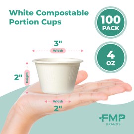 Fit Meal Prep [100 Pack] 4 Oz 100% Compostable Disposable Condiment Cups, Biodegradable Bagasse Fiber Souffle Portion Cups, Eco-Friendly Sample Cups for Tasting, Dip Sauce, Snack, Microwave Safe