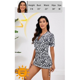 Halcurt Women's Half Zip Short Sleeve Rash Guard Swim Top with Bra Drawstring Adjustable UPF50+ Swimsuit White Black Leopard L