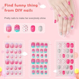 Obidodi 72pcs Kids False Nails, Girls Press on Nails Short Full Cover Fake Nail Kits, Kids Stick on Nails Girls Children Nail Design Decoration, False Nails for Kids Kit