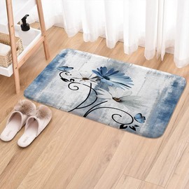 VeiVian Rustic Farmhouse Bath Mat, Farm Blue Daisy Floral Flowers Butterfly Country Wooden Bath Rug for Bathroom, Grey White Bath Mat Soft Non Slip Bath Rugs, 16X24IN