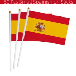 50 Packs Small Spain Flag on Stick Hand hold Mini Spanish Flags Small Hand Waved Spanish Bunting with Plastic Sticks Party Parade Celebration Sports Football Game School Festival Outdoor Decoration