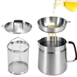 Flantor 304 Stainless Steel Deep Fryer Pot with Basket & Strainer, Heat-Resistant Silicone Handles for Safe Handling, 68oz Bacon Grease & Oil Filter Container for Kitchen & Camping - Dishwasher Safe