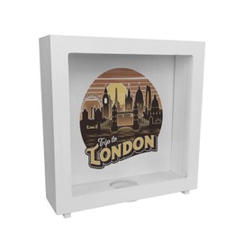 Trip to London London Cityscape Frame Wooden Money Box Retro Design with England Landmarks such as Big Ben Tower