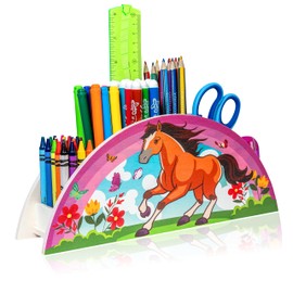 WAGOMA® Wooden Pen Holder [5 Compartments] - Desk Organiser with Colourful Horse Motif for More Fun and Order When Learning - Sturdy Pen Box for Girls - Pen Cup, Table Organiser