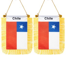 CANTENDO 2 Pack Chile Window Hanging Flag,Mini Chilean Car Flag with Pole Tassel Suction Cup Rearview Mirror Decoration(3x5 Inch)