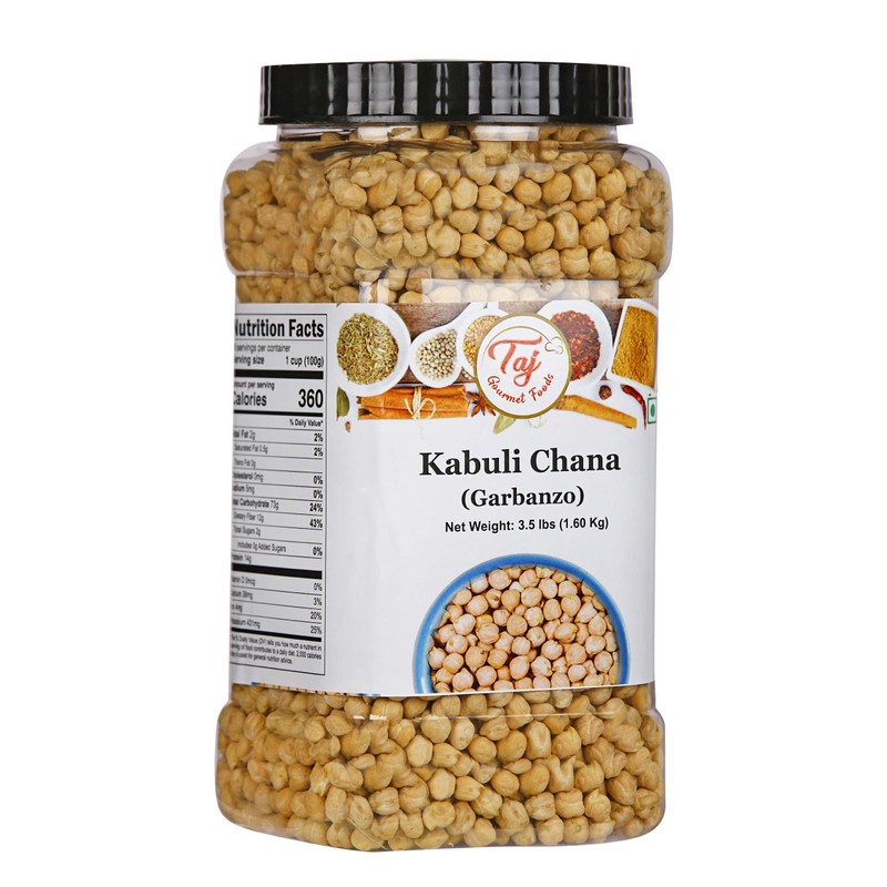 TAJ Premium Indian Kabuli Chana, Dried Garbanzo Beans, (3.5-Pounds Jar)