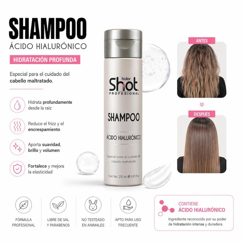 Kolor Shot Shampoo con Ácido Hialurónico, Hidratación Profunda, para Cabello