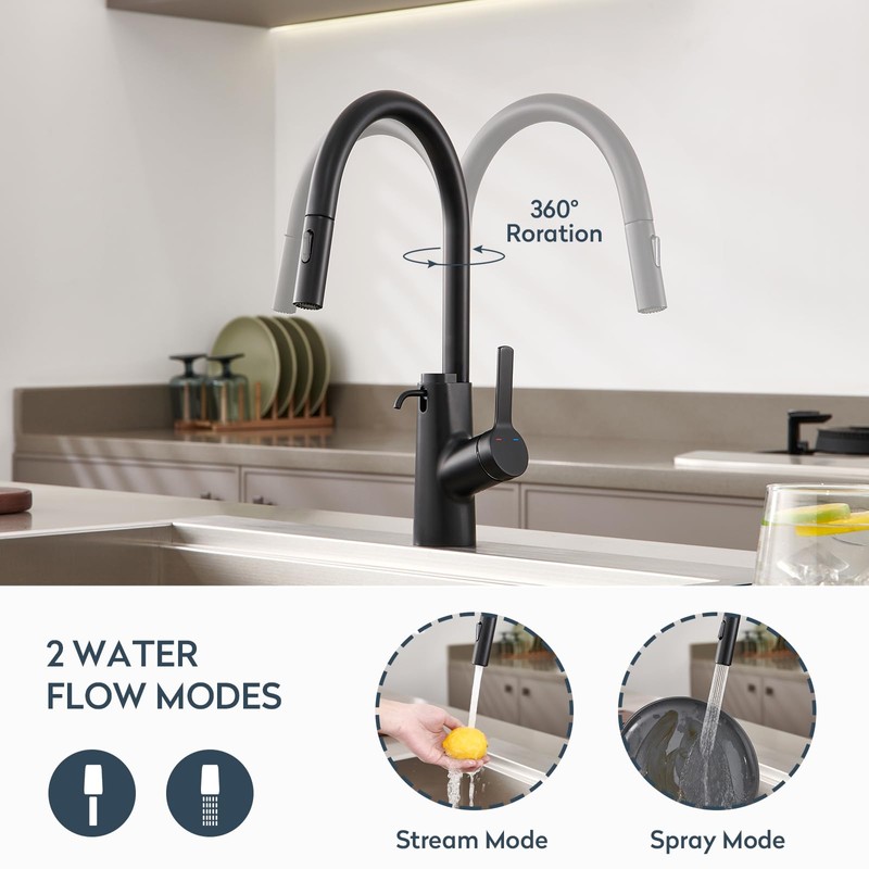 Aktines Pull Dwon Kitchen Faucet with Built-in Soap Dispenser &