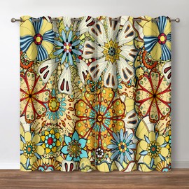 Jekeno Boho Floral Blackout Curtains, Vintage Colorful Flowers Bohemian Print Decor Darkening Grommet Window Drapes for Home Bedroom Living Room, 42 Wide 54 Long Inches 2 Panel Set
