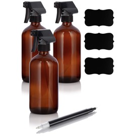 (3 Pack) 16 oz Amber Glass Boston Round Bottle with Black Trigger Spray + Black Chalkboard Label and Marker