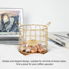 Fving Coffee Pod Holder, Large Capacity K Cup Holder Organizer,Big Metal Kcup Capsule Storage Basket with Wooden Base, Coffee Bar Decor Station Accessories for Kitchen Counter Office Desktop (Gold)