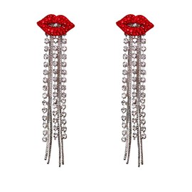 QTMY Sparkling Diamond Red Lips Rhinestone Tassels Earrings Jewelry for Women