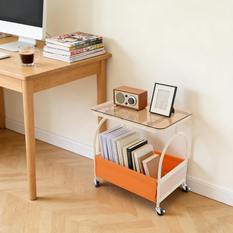 DYRABREST 2-Tier Rolling End Table with Storage, Cream White Frame