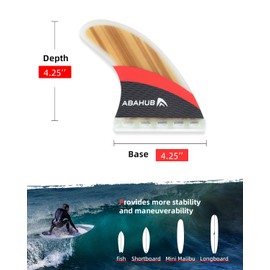 Abahub Surfboard Thruster Fins Set, Compatible with Future Style Fin Box, Fiberglass with Teak Veneer 3 Surf Fin for Surf Boards, Surfing Longboard, Shortboard, Fiberglass with Teak Veneer