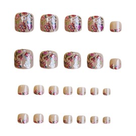 Flower Press on Toenails Colorful Full Cover Fake Toenails Short Square Summer False Toenails 3D Cute Flowers Toe Nails Press ons with Floral Embossed Design Glossy Toenails for Women Girls 24 Pcs