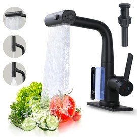 Black Kitchen Faucet with Pull Down Sprayer, Three Function Waterfall Kitchen Faucet, Temperature Display Bathroom Sink Faucet, 360°Rotatable and Height Adjustable Kitchen Sink Faucet