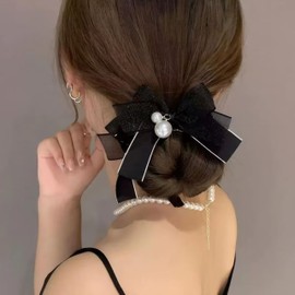 Rannyrena Cute Pearl Satin Lace Bow Hair Claw Clips for Women Thin Thick Hair Large Nonslip Ponytail Holder Hair Claw Clips Catch Clamps Hair Accessory (Black)