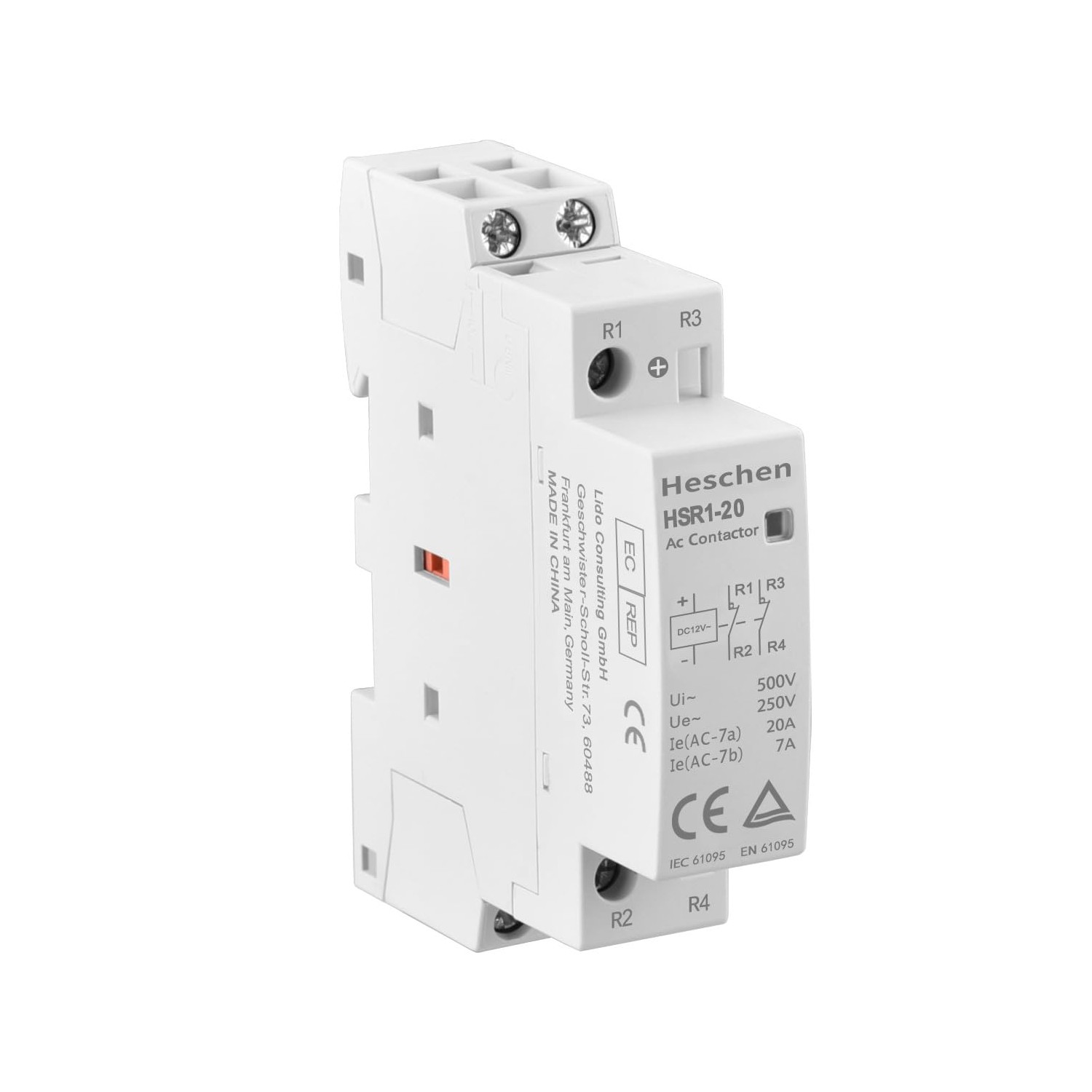 Heschen HSR1-20 Haushalt AC Schütz – 2-polig, 2NC, 12V DC Spule, 20A – Für DIN-Schiene 35 Mm – TÜV & CE